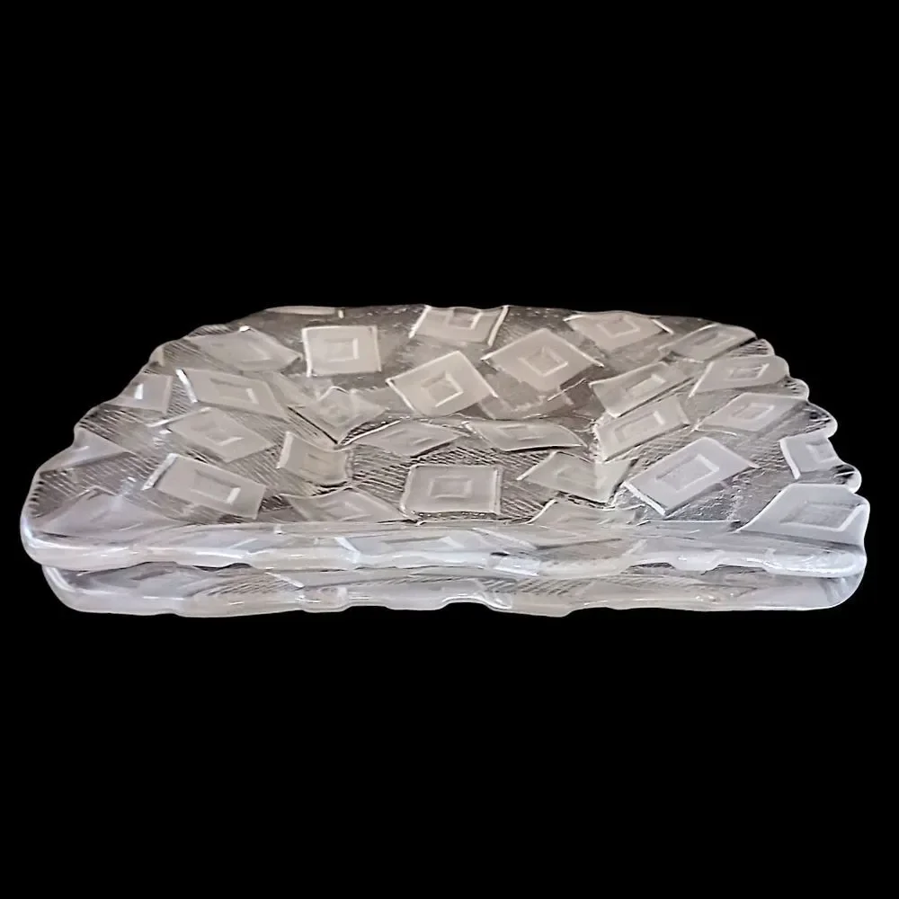 2 Mikasa Clear Glass Plates Side Frosted Square‎ Design Geometric Salad Snack